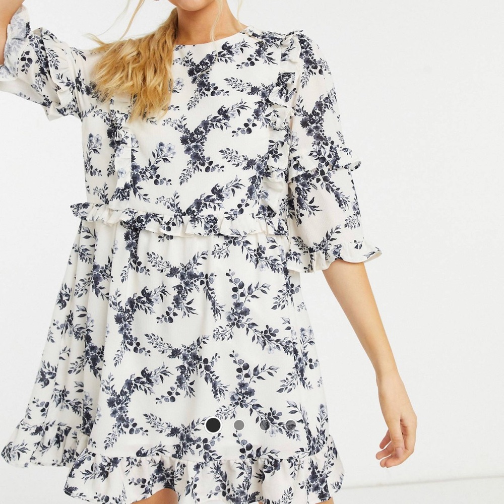 ASOS IN THE STYLE Ruffle Detail Mini Dress - US 12 - White & Blue Floral - $56